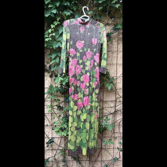 🎉H-P🎉 70’s Vintage Disco Silver Lamé Roses Dress ALTERNATIVE PROM XS - Picture 2 of 4